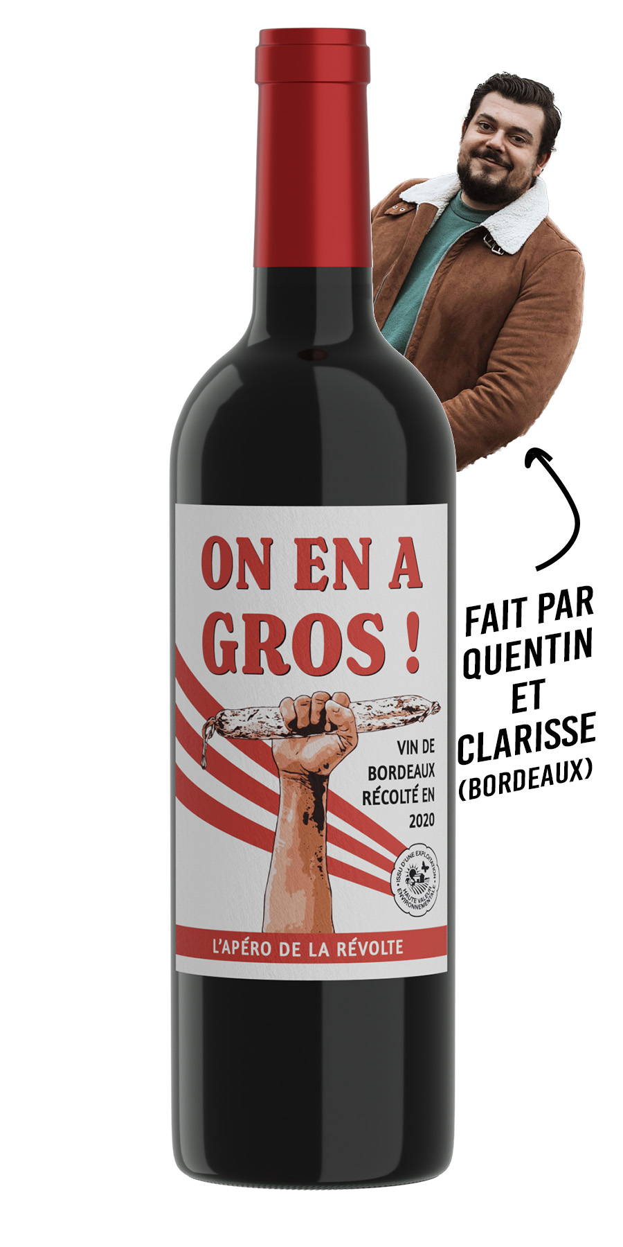 Bouteille de vin On en a Gros – Bordeaux rouge 2020 avec étiquette engagée. Un vin rouge cadeau idéal pour les apéros militants et les amateurs de bons mots.