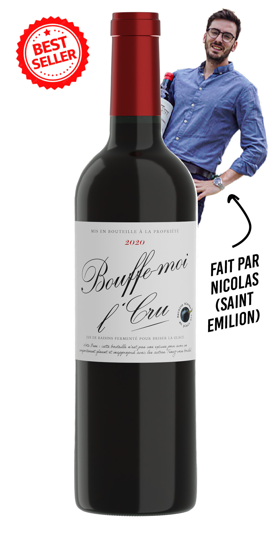 Verre de vin rouge Bouffe moi l’Cru – Saint-Émilion Grand Cru fruité et élégant, parfait pour repas ou apéro.