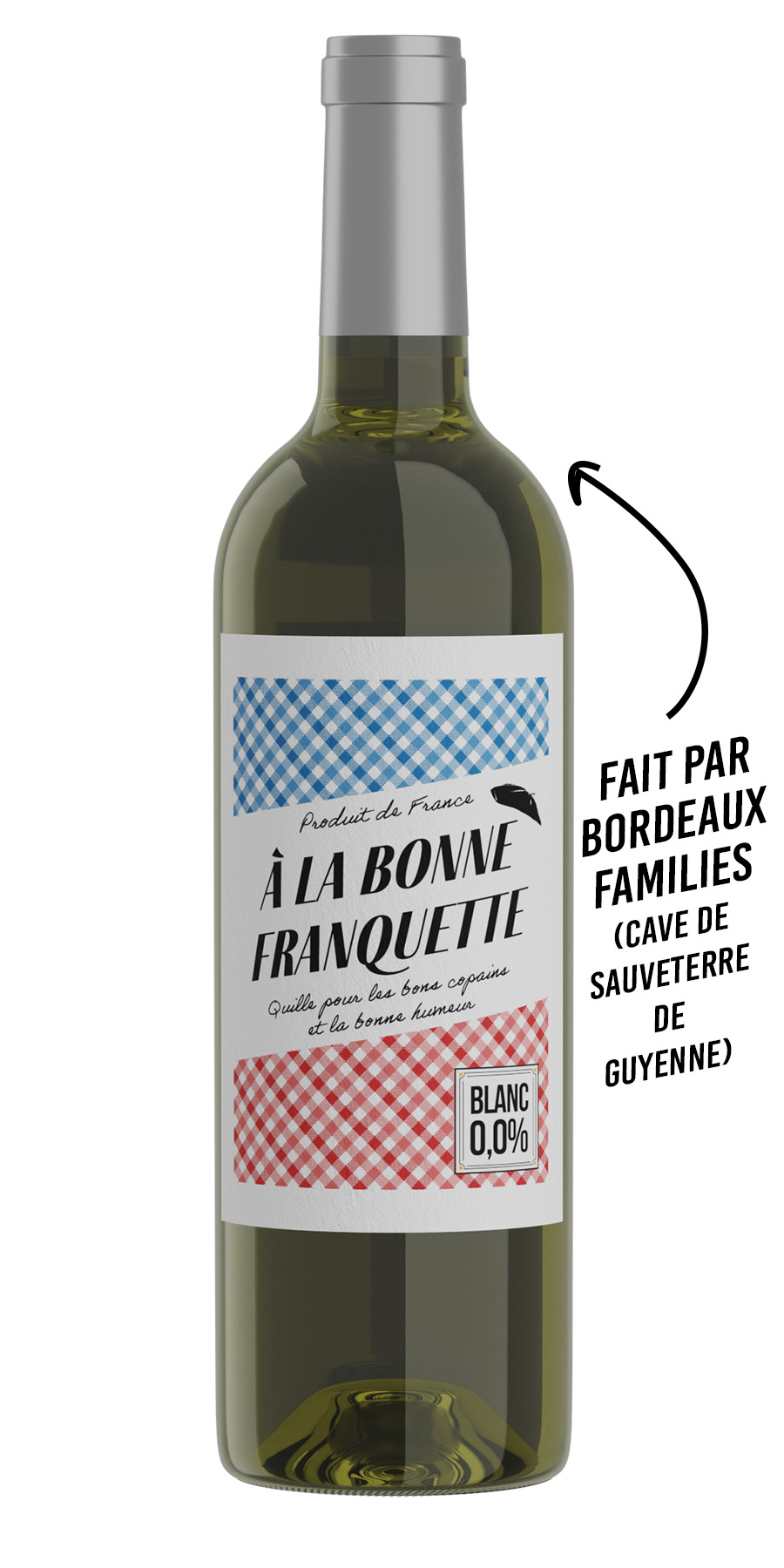 Bouteille de vin À la Bonne Franquette – vin blanc sans alcool cadeau original avec étiquette vichy rouge et bleue.