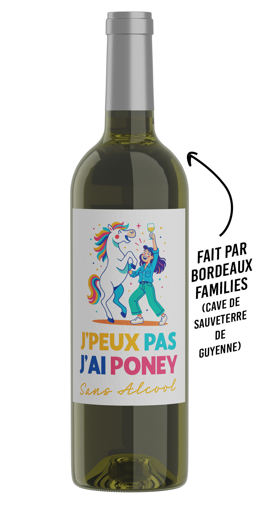 Bouteille de vin blanc sans alcool J’peux pas j’ai Poney – étiquette drôle à offrir. Vin blanc sans alcool cadeau original et fruité.