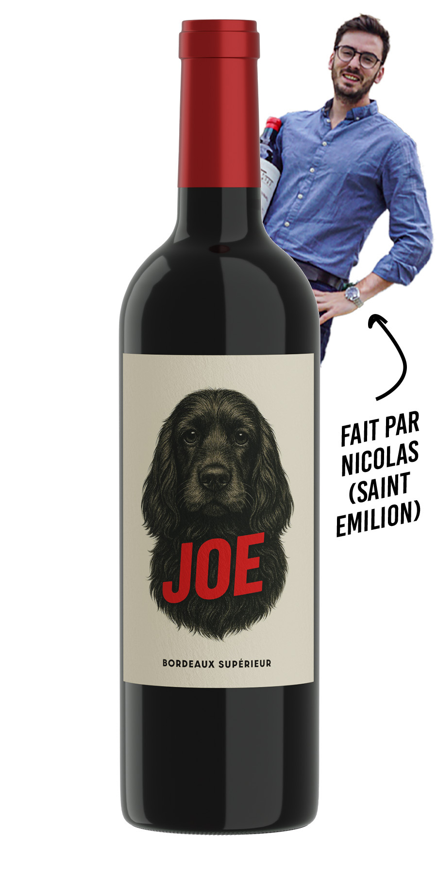 Bouteille de Joe 2023 - Bordeaux Supérieur décalé, fruité et élégant, avec des notes de framboise, cerise croquante et groseille, idéale pour des moments conviviaux.