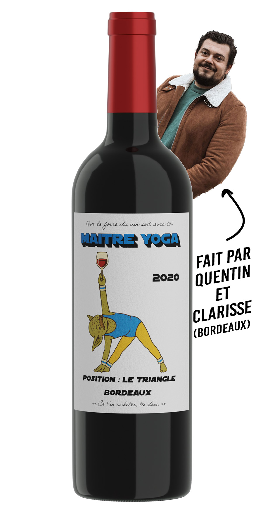Bouteille de Maitre Yoga 2024 – Bordeaux Rouge inspiré du Yoga, avec Maitre Yoda en position du triangle, parfait pour des moments de détente et de bien-être.