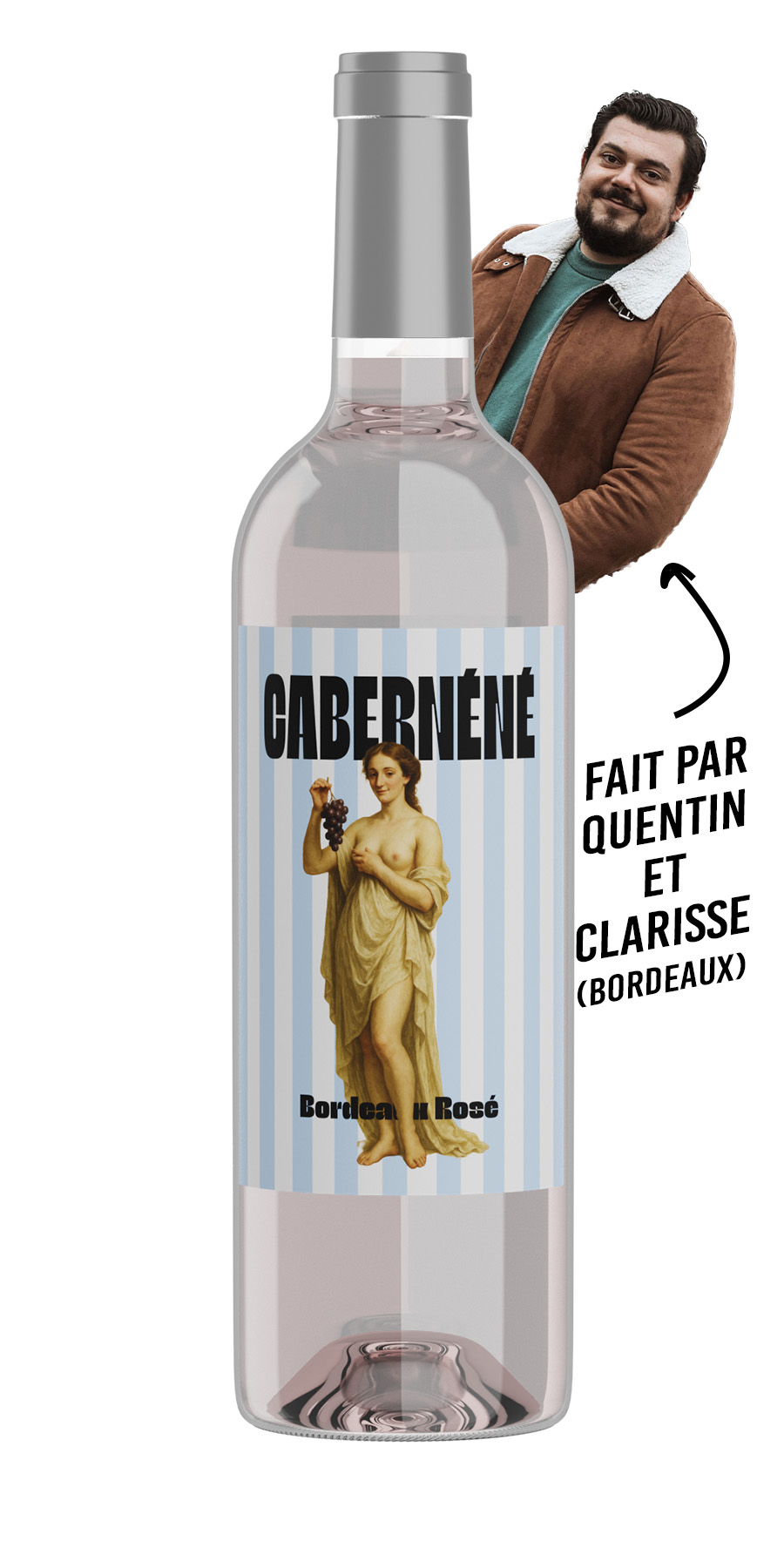 Bouteille de Caber'néné 2024 – Bordeaux Rosé fruité et aromatique, avec des notes de fraise, pamplemousse et rose, idéal pour l’apéritif et les repas conviviaux.