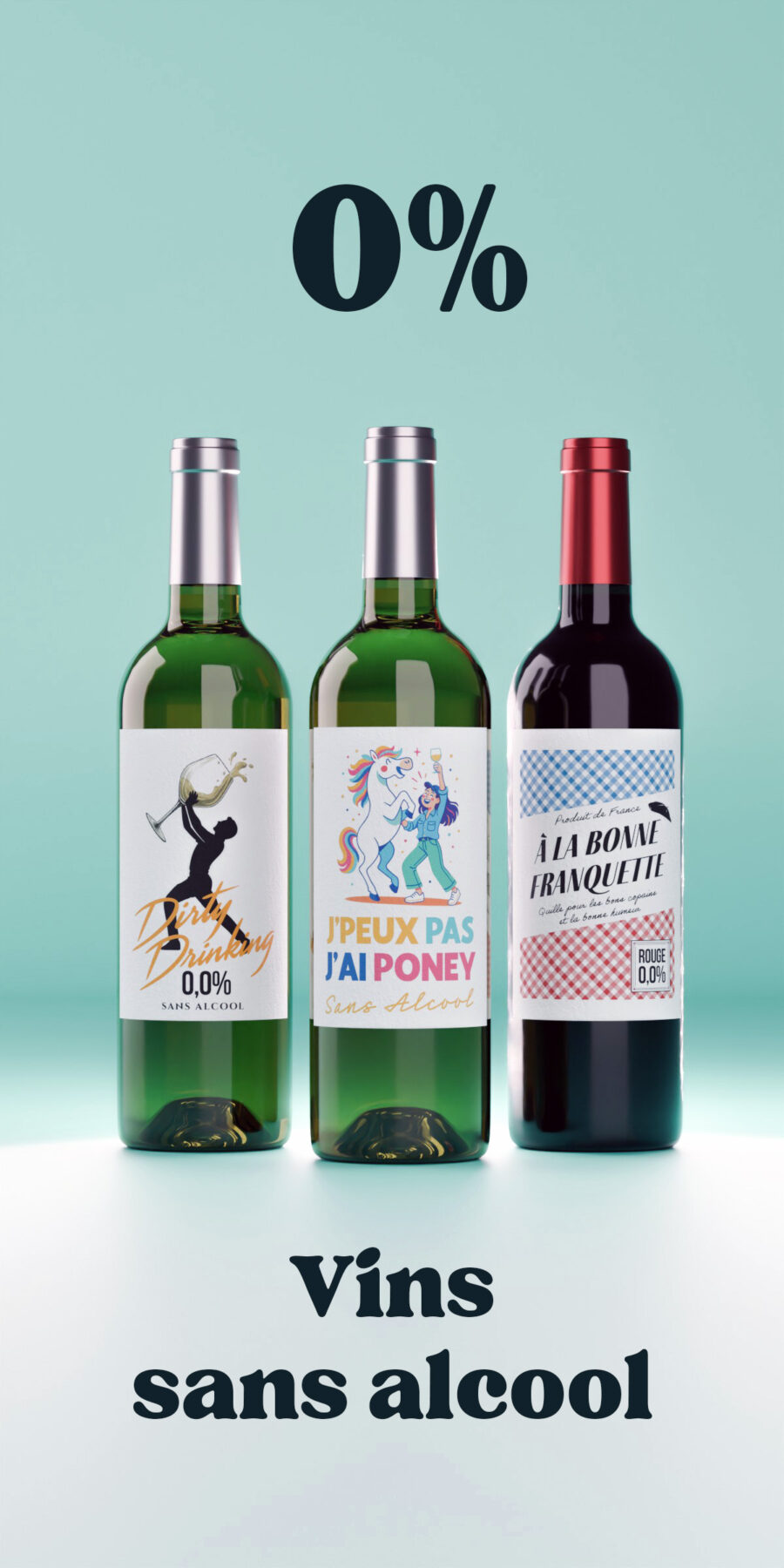 Coffret vin sans alcool cadeau – Trois bouteilles désalcoolisées, drôles et savoureuses, pour trinquer sans une goutte d’alcool.