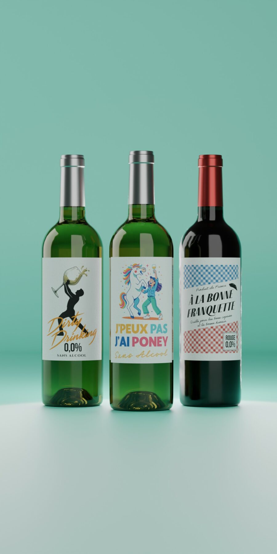 Coffret vin sans alcool cadeau – Trois bouteilles désalcoolisées, drôles et savoureuses, pour trinquer sans une goutte d’alcool.