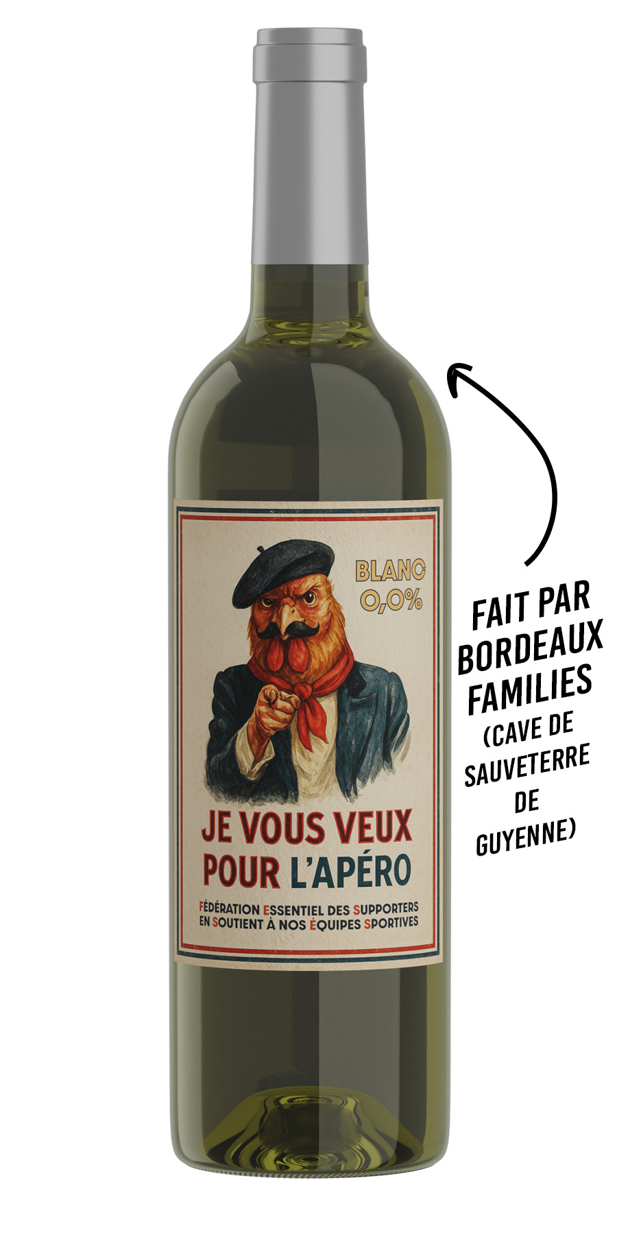 Bouteille de vin blanc sans alcool Je vous veux pour l’apéro – étiquette coq supporter. Un vin blanc sans alcool supporter parfait pour les fans de sport.