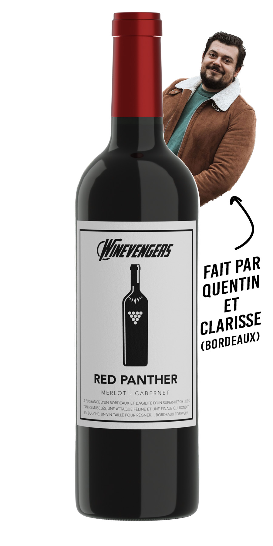 Bouteille de vin Red Panther – Bordeaux rouge 2020, étiquette super-héros panthère. Parfait comme vin rouge Bordeaux super-héros.