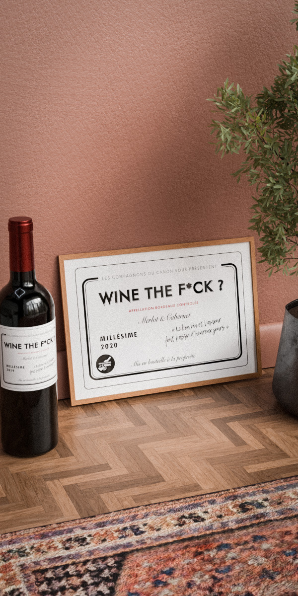 Affiche vin insolite “Wine the F*ck ?”, style étiquette épurée, imprimée en A4 sur papier recyclé 300 g.