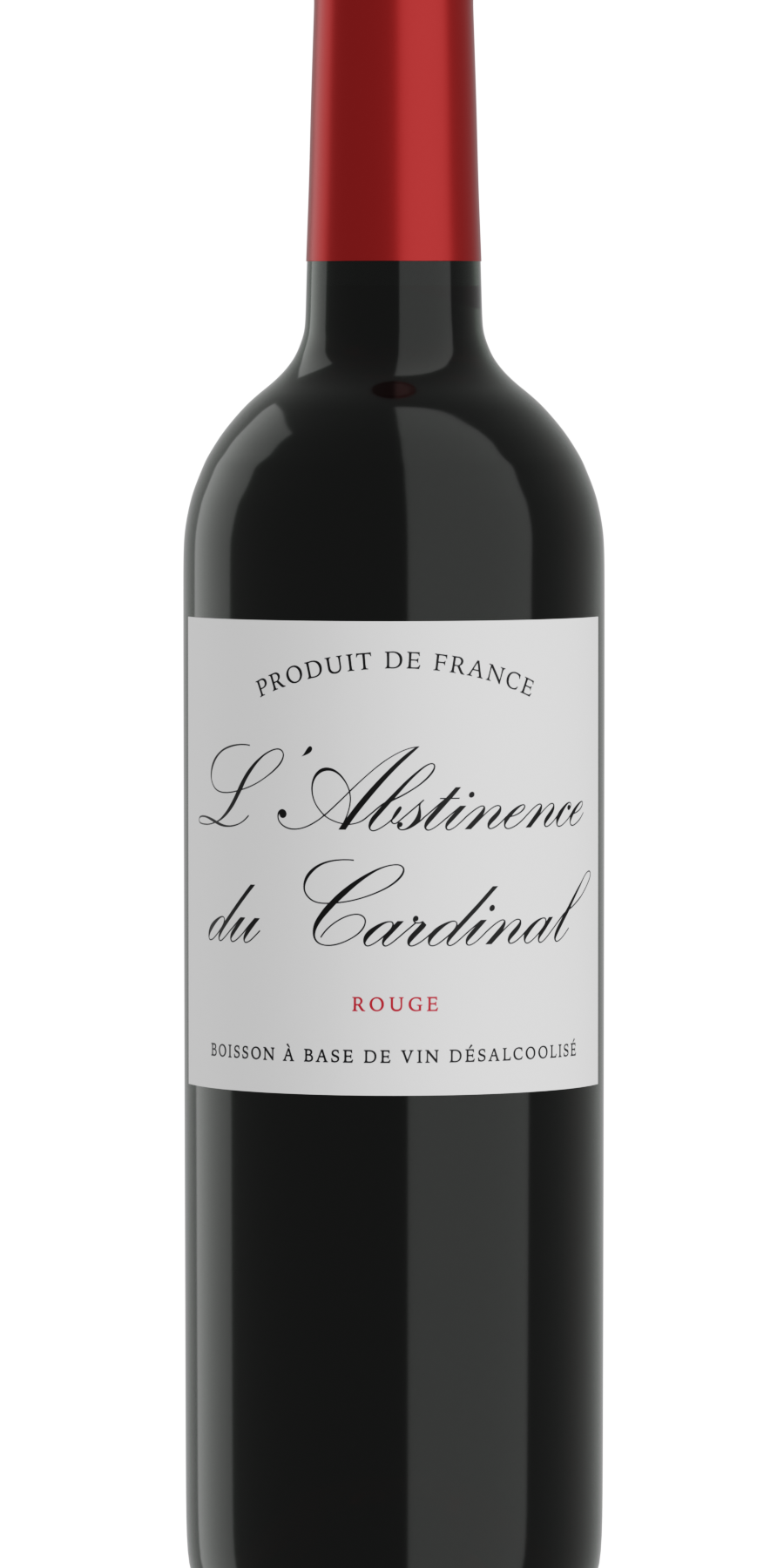 Bouteille de L’Abstinence du Cardinal Rouge – vin rouge sans alcool, robe sombre, étiquette blanche élégante et capsule rouge.